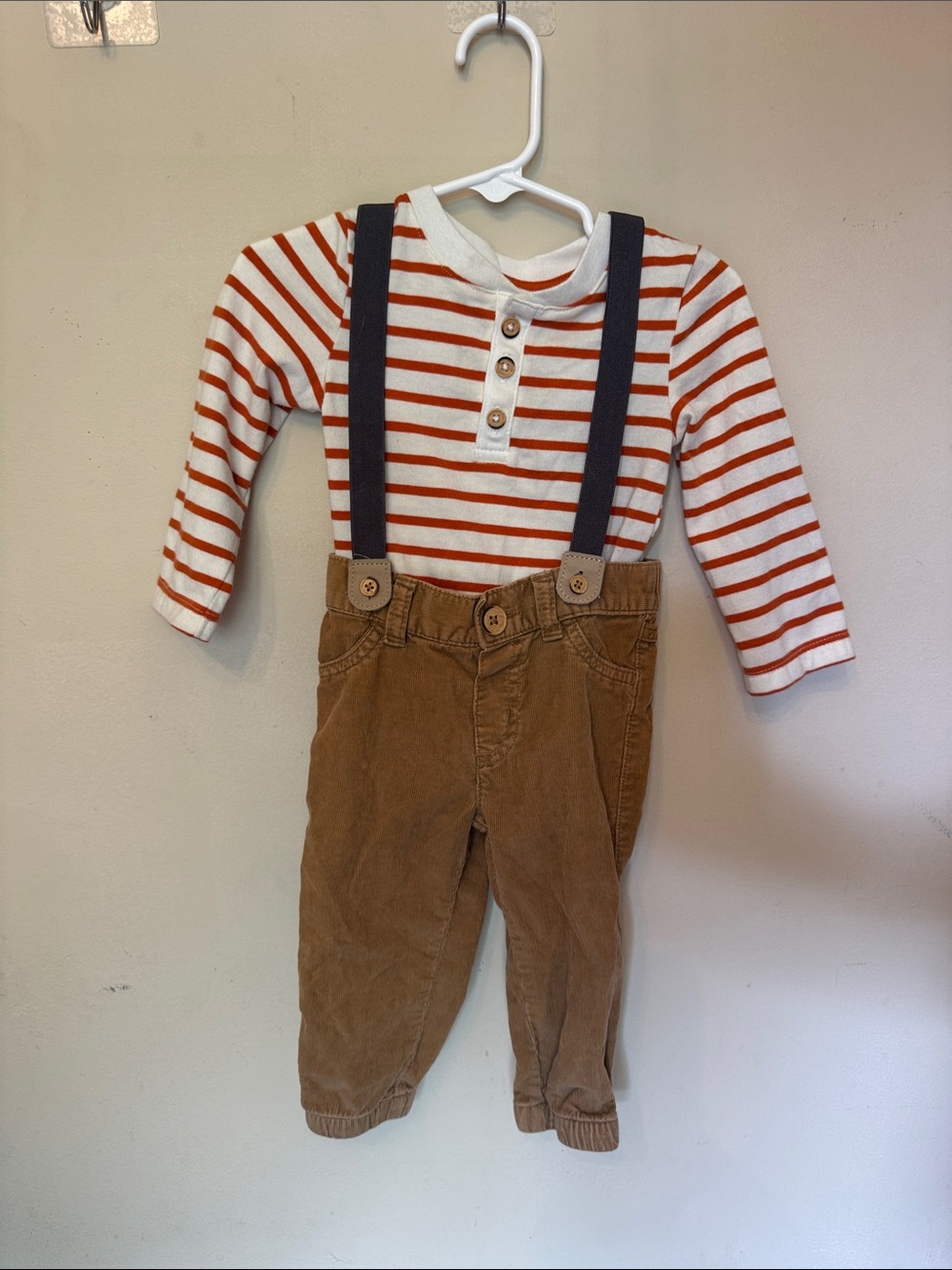 Cat & Jack Orange Striped Henley Top with Brown Suspender Pants